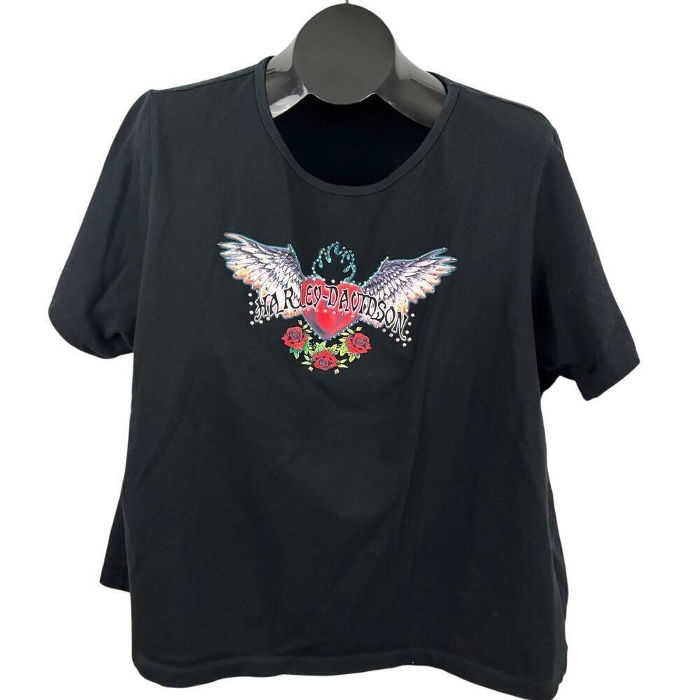 VTG Harley Davidson Wings Black T-Shirt‎ Rhinestone Jeweled Logo 3W 90’s Plus
